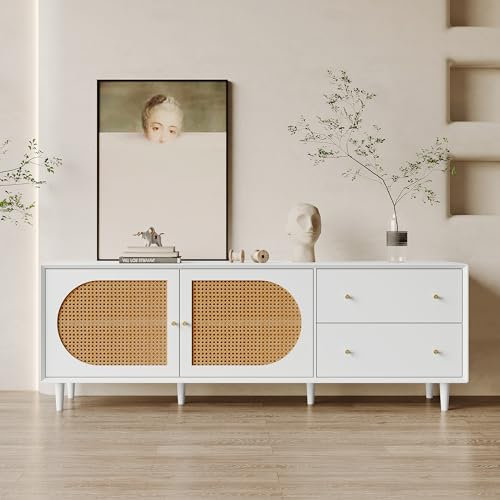 Aunvla Pratico mobile per TV bianco con piedini in vero legno e molto spazio – 2 cassetti, 2 ante con elegante design in rattan per la vostra elettronica di intrattenimento
