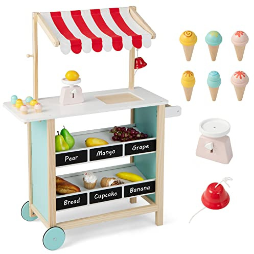 HOMASIS Kinder Eiswagen inkl. Zubehör, Kaufladen mit 6 Spielzeug-Eiscreme, Eisdiele mit beweglichen Rädern & Vordach, Einkaufswagen aus Holz, Puppenhaus Spieleset für Kinder ab 3 Jahre (Rot)