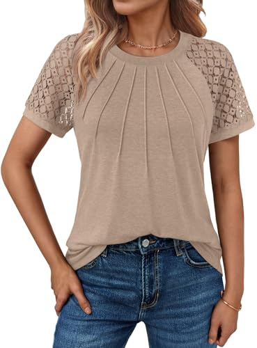 AUTOMET Women's Lace Short Sleeve Tops Business Casual Outfits Work Shirts