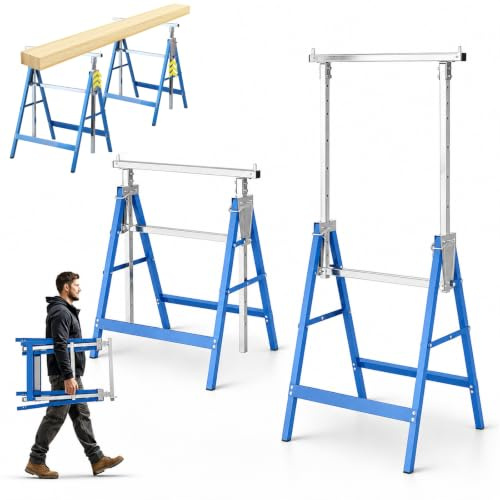 Fiqops Arbeitsbock 6er Set 400 kg Tragkraft, Klappbarer aus Stahl | 7-fach höhenverstellbar 80–130 cm, mit Sicherungsbolzen und Fußkappen, Unterstellbock für Werkstatt Baustelle, Blau