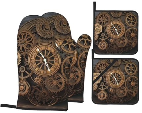 Ofenhandschuhe und Topflappen, Steampunk-Zahnrad-Aufdruck, hitzebeständig, Küchenhandschuhe und heiße Pads, rutschfest, wasserdicht, Topflappen zum Backen, Kochen, Grillen, 4 Stück