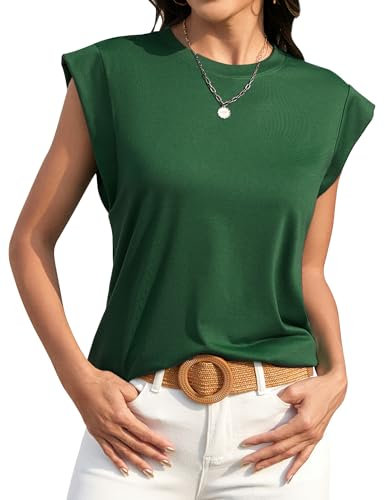 BellaDila Sommer Top Damen Ärmellose Tshirt Locker Rundhals Flügelärmel Oberteile Elegant Gestreift Tunika Bluse Tops für Frauen, Grün, XL