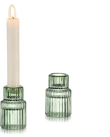 Glasseam Kerzenständer Glas Kerzenhalter Stabkerze: 2er Set Grün Stabkerzenhalter Deko Kerzenhalter für Stabkerzen Kerzenständer Hochzeit Kerzenhalter Weihnachten für Wohnzimmer Tisch Dekoration