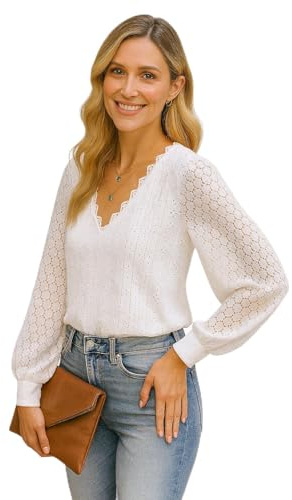 SPRING SEAON Damen Blusen mit V Ausschnitt Hemden,Elegant Blusen Lange Spitzenärmel Tunika Tops,Lady Work Office Bluse