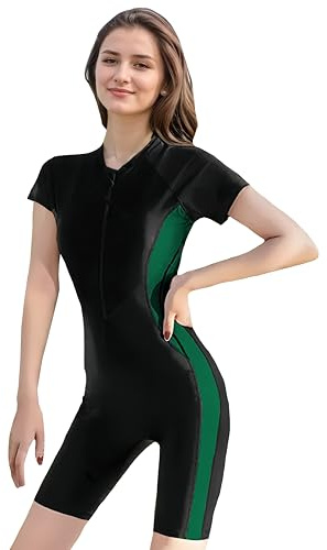 BEACHKINI Maillot de Bain Une pièce pour Femmes Maillot de Bain à Manches Courtes avec Fermeture éclair sur Le Devant,62 Vert,XXL