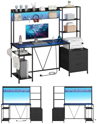 KIMENICH Bureau Gaming LED avec Multiprise, Panneau Perforé, 2 Tiroirs, Étagères Réglables - Table d'Ordinateur avec Rangement pour Maison, 160 cm, Noir