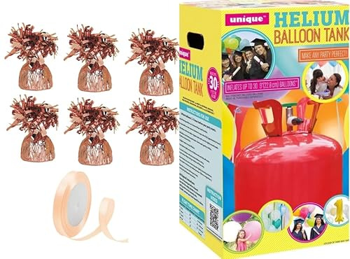 Small helium balloon canister with 6 Rose Gold balloon weights and 10m Ribbon - Canister fills upto 30 x 9 inch latex balloons