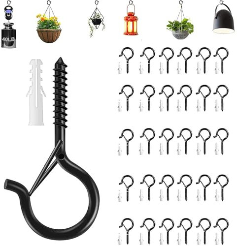LSRVNM 30 Pezzi Ganci a Vite, Ganci a Vite in Acciaio Inox con Fibbia di Sicurezza, Ganci Avvitabili, per Interni Esterni Appendere Piante in Vaso, Campanelle, Catene Luminose, Decorazioni Natalizie