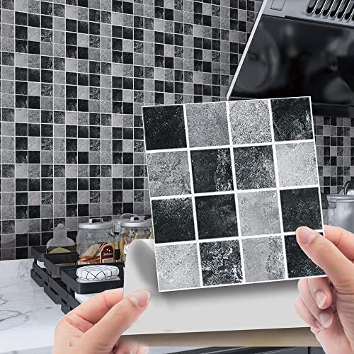 Lukery 20/30/40 Pezzi Piastrelle Adesive Cucina, Pavimento PVC Adesivo Staccare e Attaccare, Mosaico Piastrelle Adesive Bagno, Piastrelle Adesive, 10x10cm (30 Pezzi,Mosaico Grigio)