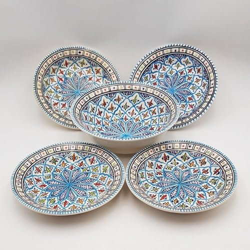 YODECO Bakir Couscous Soup Plate Set - Turquoise, 4 People, Handcrafted, Contemporary Style, Round, Medium Size, Hand Painted Finish