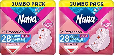 Nana Ultra Régulier Plus Deo Serviettes Hygiéniques Avec Ailettes - Flux Modérés - 28 Serviettes En Pochette Individuelle (Lot de 2)