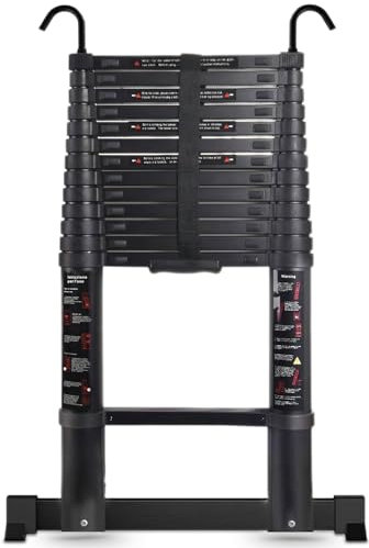SINZUX Telescopic Ladder 4.9m, Aluminum Telescopic Extendable Ladder with Hooks Stabiliser, Fast and portable, Max Load 150kg, Black