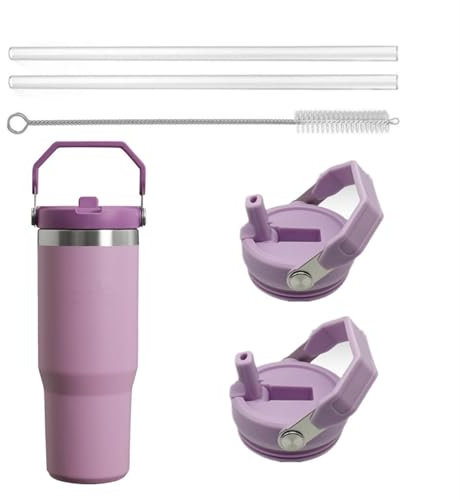 2Pack Replacement Tumbler Lid Fit for Stanley IceFlow 30 oz(Only) Flip Straw Lid, with 2Pcs Reusable Straws,1Pcs Cleaning Brush (Purple)
