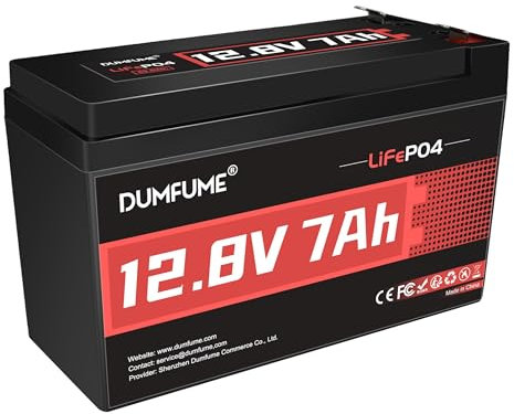 Dumfume Batería LiFePO4 de Litio 12V 7Ah – 15000+ Ciclos, BMS 7A Integrado, 86.9W Para Pequeños Inversores, Detectores de Peces, Iluminación Solar, Camping