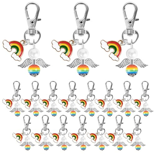 Fyshird 15 Stück Schutzengel Schlüsselanhänger mit Regenbogen Anhänger Glücksbringer Abschiedsgeschenk Gastgeschenk für Kindergeburtstag Taufe Hochzeit Einschulung Kommunion Konfirmation LGBTQ