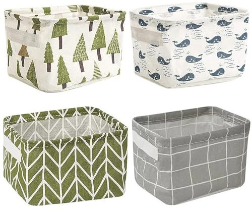 4 Pack Storage Baskets, Collapsible Mini Storage Boxes, Canvas Square Baskets Fabric Storage Bins, Waterproof Cotton & Linen for Desk Storage and Household Organizer Toys Bathroom Closets Playroom