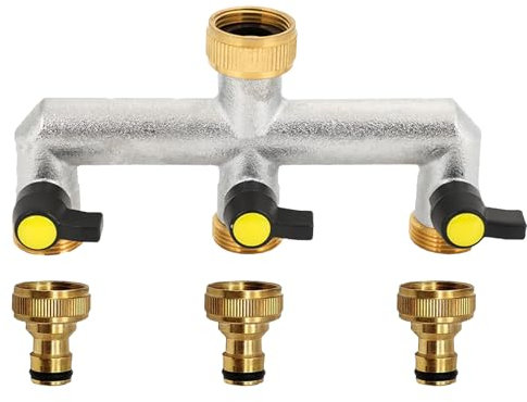 HAMON Distributore d'Acqua a 3 Vie, Sdoppiatore Rubinetto Giardino 3 Vie in Ottone, Distributore Acqua 3 Vie 3/4 con Valvole Individuali, per Irrigazione Giardino