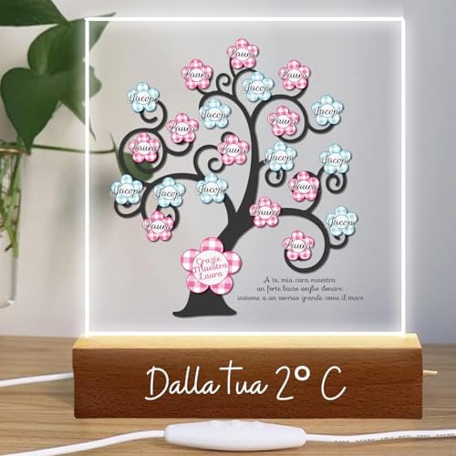 Lampada a led da notte personalizzata con Nomi alunni classe e sezione Luce notturna in Plexiglass Trasparente cornice in legno - Idea Regalo Maestra Insegnante fine anno Scolastico ''Albero Vita''
