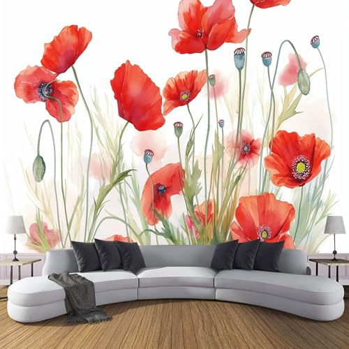 Fototapete Abstrakte Mohnblumen Aquarellpflanzen Panorama Natur Modern Wohnzimmer Schlafzimmer Wandtapete Tapete Motivtapeten Bildtapete 3D Effekt Wand Dekoration, 400X280Cm