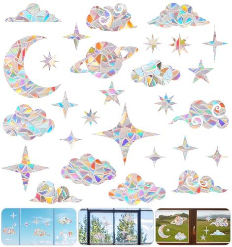 28 Stück Prisma Fensteraufkleber, Sonnenfänger Sticker mit Sternen & Wolken, Bunte Prismen Aufkleber, Natürlicher Vogelschutz für Fensterscheiben, Wohnzimmer Büro Schule