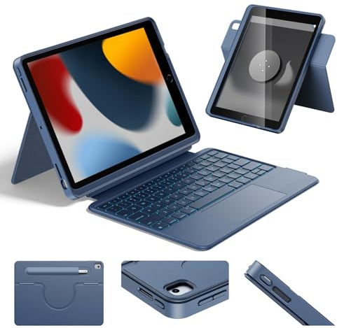 HOU Funda con teclado combinado para iPad de 9ª generación (10.2 pulgadas, 2021)/8ª generación/7ª generación/iPad Air 3/Pro 10.5 con trackpad multitáctil, retroiluminación de 7 colores, giratorio y