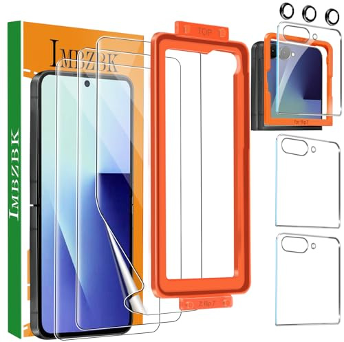 IMBZBK [Installazione automatica] Confezione da 3 pellicole protettive per Samsung Galaxy Z Flip 7, 3 pellicole flessibili interne + 3 pellicole protettive anteriori in vetro temperato + 3 accessori