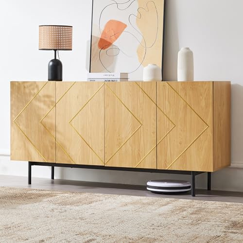 Kebnor Sideboard Wohnzimmer, Buffet Schrank mit 4 Türen und Metall-Inlay – Vielseitige Kommode, Anrichte, Beistellschrank, Standschrank – Naturholz- Maße: 78 x160 x 40 cm