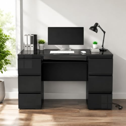 LSBIKE White Desk with 6 Drawers High Gloss Computer Desk Table Dressing Table with Drawers Home Office Writing Study Standing Desk with Storage Drawer 120x50x70cm (Black)