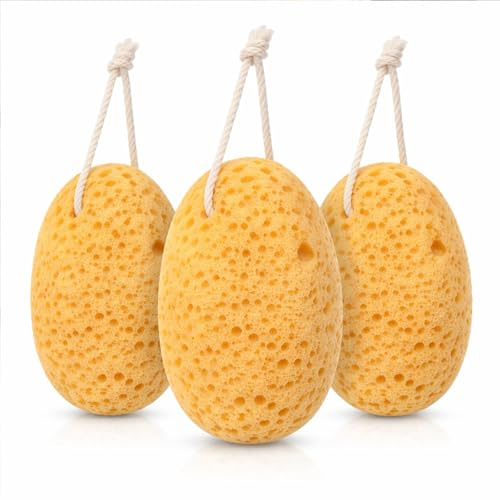 ```Natural Sea Sponge for Bathing & Shower - Soft, Quick-Dry & Face Exfoliating Scrubber with Hanging Rope, Durable for Sensitive Skin, 3-Pack Large Oval Honeycomb Sponges