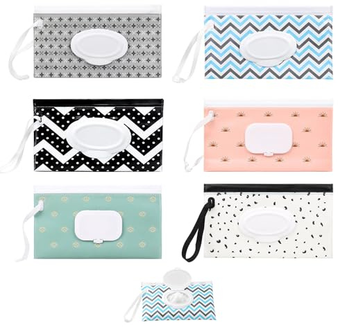 6-Piece Baby Wipes Dispenser Pouch Set | Reusable Wet Wipe Holders with Flip-Top Lids, Assorted Patterns for Travel and Diaper Bags