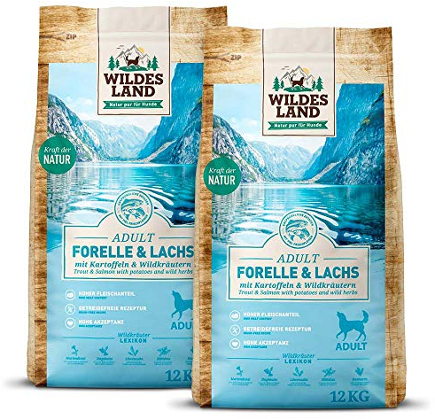 Wildes Land - Nr. 6 Forelle & Lachs - 24 kg - mit Kartoffeln und Wildkräutern - Glutenfrei - Trockenfutter für Hunde - Hundefutter mit hohem Fleischanteil - Hohe Verträglichkeit