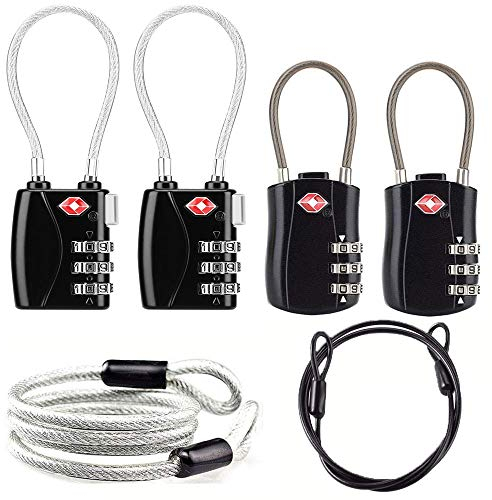 TSA Lot de 4 Cadenas à Combinaison à Chiffres et câble en Acier pour valises, Bagages, Sac de Voyage, Valise, Gym, vélo
