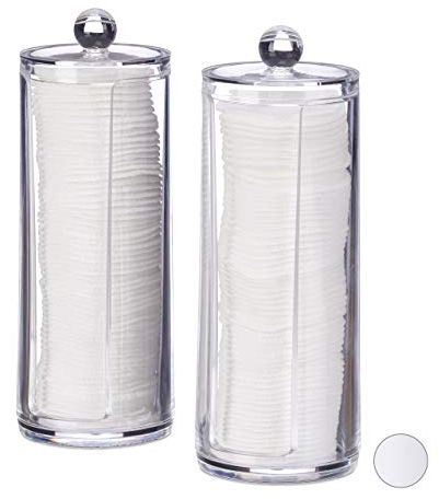 Relaxdays Wattepads Aufbewahrung 2er Set, Acryl, rund, Wattepadspender mit Deckel, Bad & Schminktisch, HxD: 20x7cm, klar