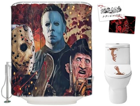 Halloween-Duschvorhang-Set für Badezimmer, gruseliger Killer Freddy Jason Michael, Horrorfilm-Thema, Urlaub, Polyesterstoff, Dekoration mit Haken und WC-Aufklebern, Weihnachtsfeier-Dekoration, 183 x