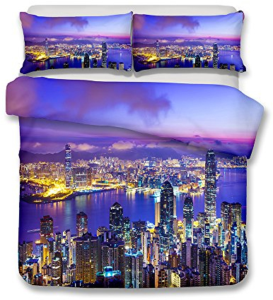 Enhome Bettbezug Bettwäsche Set, 3 Teilig 3D Moderne Stadt Erwachsener Kind Weiche Mikrofaser Bettwäsche-Set Bettbezüge mit Reißverschluss + 2 Kissenbezüge (135x200cm,New York)
