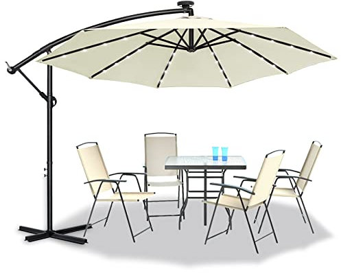 AufuN Alu Ampelschirm Ø 350 cm mit Solar LED Beleuchtung Sonnenschirm mit Kurbelvorrichtung Höhenverstellbarer, UV-Schutz 40+, Wasserabweisende Bespannung Kurbelschirm, 8 Streben, Beige