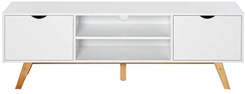 HOMCOM Mueble de TV Moderno Mueble para Televisores de 65 Pulgadas Mesa de TV para Salón con 2 Puertas 2 Estantes Abiertos y Patas de Madera 150x39x50 cm Blanco