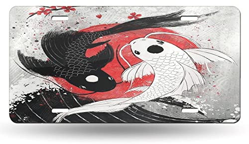 Nummernschild Koi Fisch Yin Yang Japanischer Stil Dekorative Auto Front,Metall Auto Kennzeichen,Nummernschild Vanity Tag,Aluminium Noverlty Nummernschild für Auto 15,2 x 30,5 cm