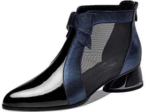 TinaCus Stivaletti da donna in pelle verniciata, a punta, con fiocco, fatti a mano, tacco basso, alla caviglia, con cerniera posteriore, Blu, 39.5 EU