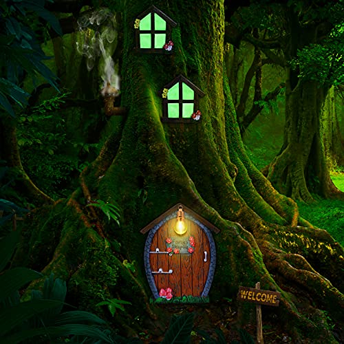 Feen Tür und Fenster Miniatur Sommer Haus mit Lampe Zimmer Wand und Bäume Draußen Leuchtet im Dunkeln Feen Schlafender Hof Kunst Garten Skulptur Geschenk Garten Ornament (Stein Stil)