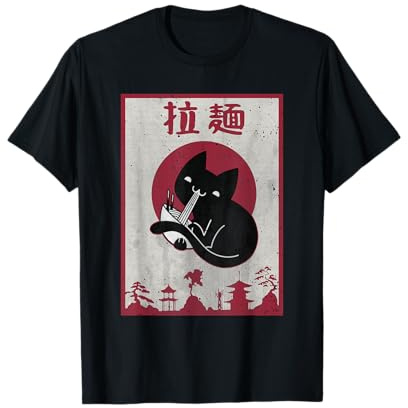 Black Cat Love Ramen Kawaii Anime Japanischer roter T-Shirt