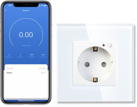 BSEED Schuko Wifi Steckdose Unterputz mit Energieüberwachung 16A Smart Alexa Glassteckdose, APP-Steuerung Arbeit mit Alexa/Google Home Stromverbrauch messen, Zeitpläne, Timer, Nur 2.4 GHz Weiß