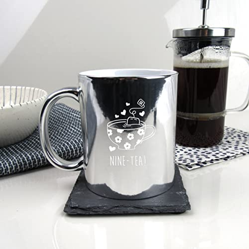 eBuyGB Engraved Metallic Shiny Silver Coffee Mug -Nine-Tea Design - 350ml Tea Cup, 90th Birthday Gifts for Women, Her - Ninetieth Birthday Gift for Mum, Grandma