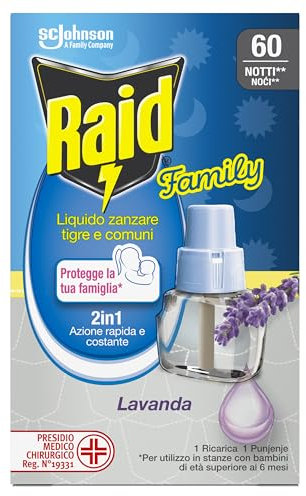 Raid Family Liquido Elettrico Antizanzare Comuni e Tigre Ricarica, Fragranza alla Lavanda, 1 Confezione da 36ml, 60 Notti