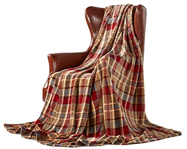 DREAMLANDING Jeté de lit en polaire pour canapé, lit, chaise, couverture décorative ultra pelucheuse (230 x 260 cm, carreaux rouges)