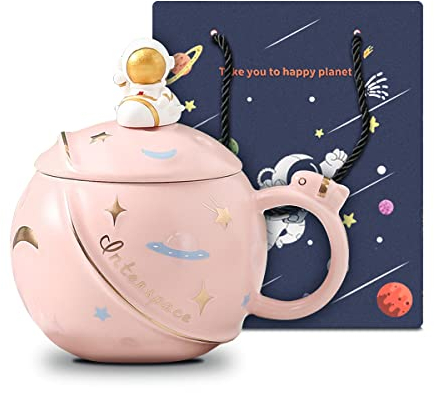 ZMHQLPDZ Divertidas tazas de regalo para mujer, 450 ml/15 oz linda taza de astronauta con tapa y cuchara, taza Kawaii taza novedosa para café, té y leche, taza de regalo (rosa)