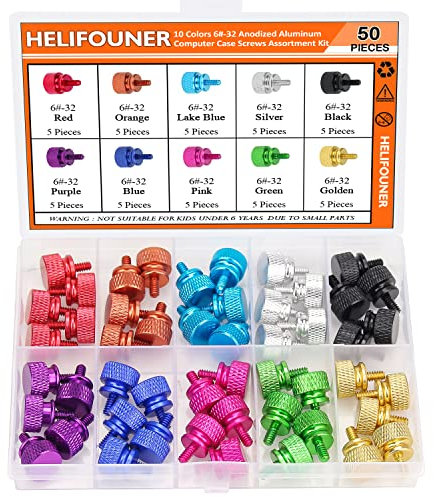 HELIFOUNER 50 Pieces 6-32 Thread Anodized Aluminum Computer Case Thumbscrews, Thumb Screws Assortment Kit for Computer Case/Cover/Power Supply/Hard Drives