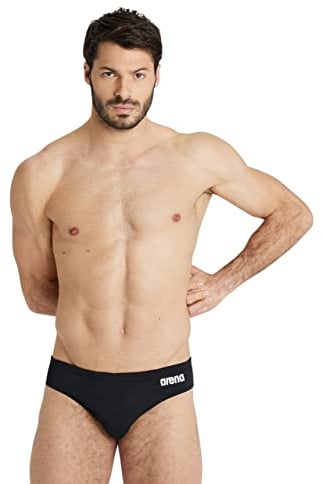 ARENA Men’s Team Solid Swim Brief MaxLife Athletic Swimwear Professional Training Swimsuit Sports Bathing Suit, Black/White, US Size 32
