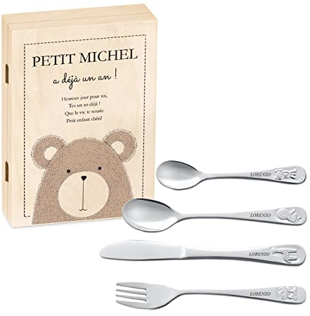 Maverton Set de Couverts De Table Bebe 1 An personnalisé - Coutellerie dans coffret imprimé - Couvert Enfant Inox Thème Animal - Cadeau Enfant 1 an anniversaire - Cadeaux bébé - Couverts gravés -Jouet