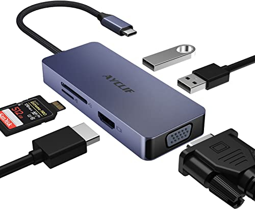 USB C Hub 6 in 1 USB C -zu HDMI VGA Dual Monitor USB C -Adapter mit USB A, SD/TF -Kartenleser, Multiport USB C -Dock für MacBook Pro/Air, Dell/HP/Lenovo